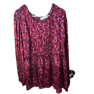 4X Addition Elle Pink Floral Boho Blouse – Smocked Style, Button Back